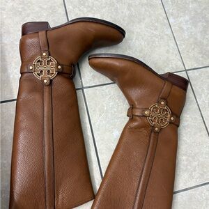 Tory Burch Amanda Almond Leather Riding Boots with Gold Logo